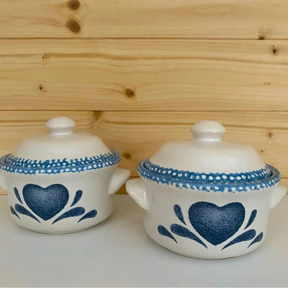Vintage Stoneware Blue Heart Covered Soup Crock with Handles Set of 2 Farmhouse - Picture 1 of 10
